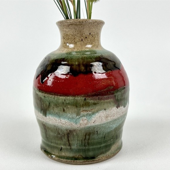 Studio Art Pottery Vase 5.5" Tall Fat Lava-Style Glaze Red/Green/Brown Signed - Picture 6 of 8